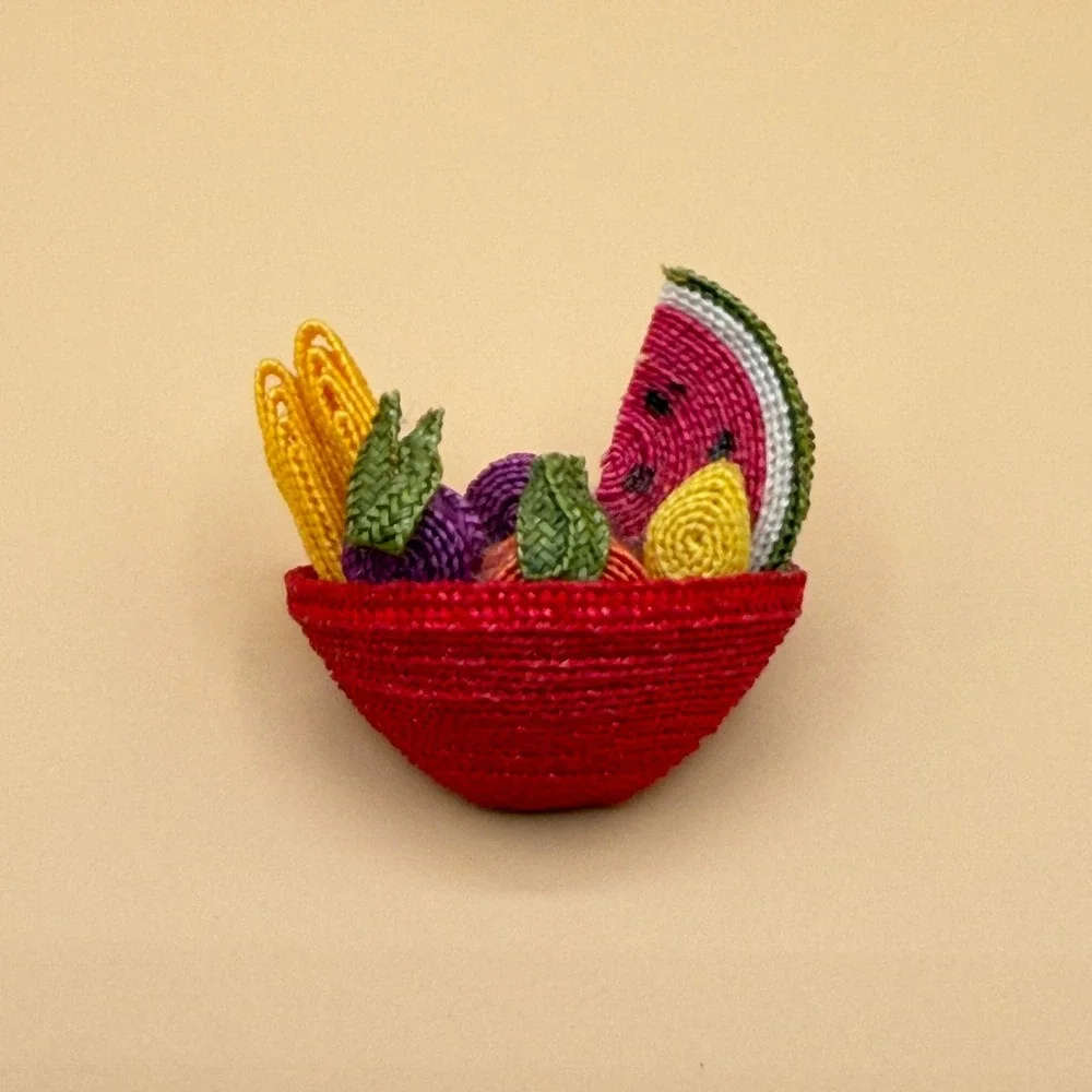 Woven Fruit Basket Brooch Watermelon Vintage Whimsical Boho Statement Pin Gift